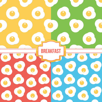 Set, collection of four breakfast fried eggs seamless pattern backgrounds.