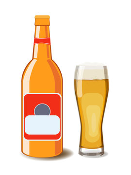 A bottle of beer and glass of beer. Vector illustration of beer, isolated. Oktoberfest