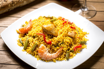 typical Spanish paella and shrimp