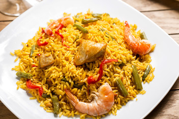 typical Spanish paella and shrimp
