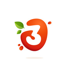 Fototapeta premium Number three logo in fresh juice splash with green leaves.
