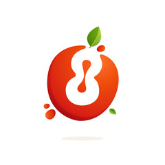 Number eight logo in fresh juice splash with green leaves.