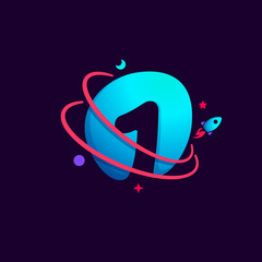 Obraz premium Number one logo with planet, rocket and orbits lines. 1 icon.