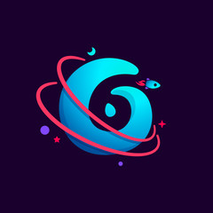 Number six logo with planet, rocket and orbits lines. 6 icon.