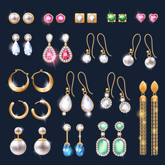 Realistic earrings jewelry accessories icons set.