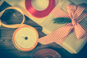 Rustic Christmas present box, gift packed in old paper