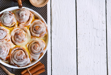 Cinnamon rolls for breakfast on a white background. 