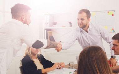 Obraz premium Business handshake at office meeting, contract conclusion and su