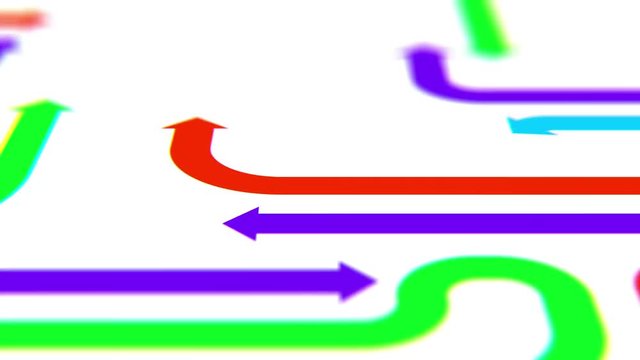 Flying over colorful arrows on white surface, seamless loop, CG animation