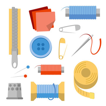 Sewing stuff set. Collection of objects for handicraft and handmade. Needles, pins, thread, buttons, fabric peaces, zipper, thimble. Simple flat style vector clip art.