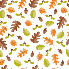 Vector autumn seamless pattern with  acorn, oak  leaves. Autumn elements isolated on white background. Perfect for wallpaper, gift paper, pattern fills, web page background, autumn greeting cards.