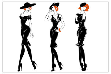 Fashion black and white women silhouette set, redhead models, vector illustration