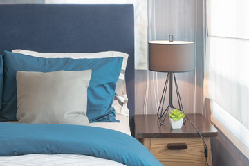 modern blue color tone bedroom with lamp and vase of plant