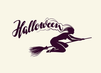 Halloween. Beautiful witch flying on broomstick. Greeting card. vector illustration