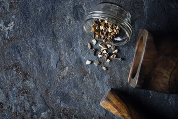 Spices mix on the stone background top view