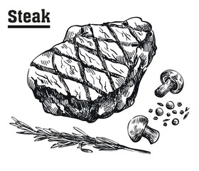 Beef steak. Meat and spices. Sketches drawn by hand. - 122158349