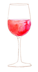 Freehand ink and watercolour glass of rose wine on white