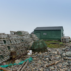 Lobster traps at dock, Sally's Cove, Gros Morne National Park, N