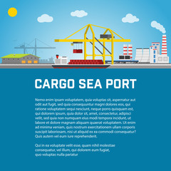 Naklejka premium Cargo Sea Port, Unloading of Containers from the Container Carrier, Cranes in Load Ship or Unload. Vector illustration.