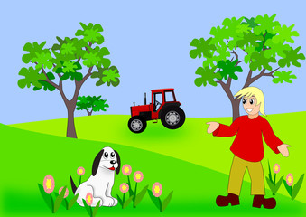 Obraz na płótnie Canvas Girl, Dog and Tractor 