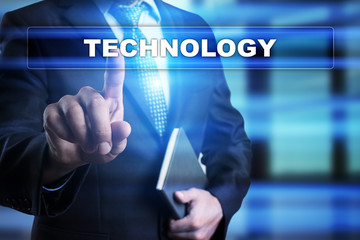 Businessman is pressing button on touch screen interface and selecting 