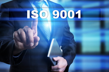 Businessman is pressing button on touch screen interface and selecting 