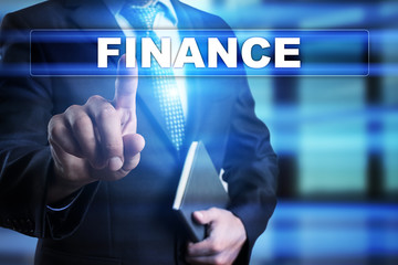 Businessman is pressing button on touch screen interface and selecting 