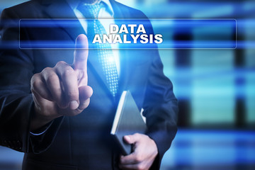 Businessman is pressing button on touch screen interface and selecting 