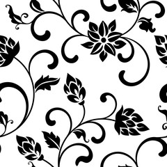 Seamless pattern with black flowers on a white background