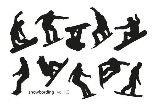 Black silhouettes of snowboarders on a white background.