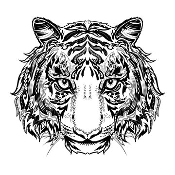 Tiger head black and white silhouette with ornament isolated on white. It can be used for printing on t-shirts or coloring books. 