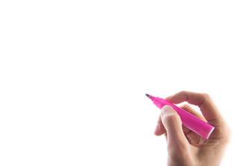 Woman hand taking pink pen writing on white screen