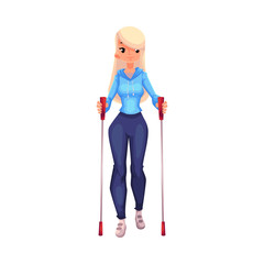 Female nordic walker, cartoon style vector illustration isolated on white background. Young woman going in for nordic walking, full height portrait, side view. Female Nordic walker in sports suit