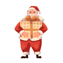 Santa Claus holding a big Christmas gift box, cartoon style vector illustration isolated on white background. Full length portrait of Santa holding a large present box, Christmas decoration element