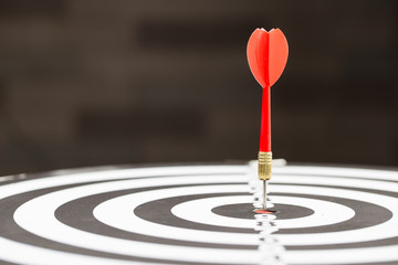 Target dart arrow hitting in the target center of dartboard