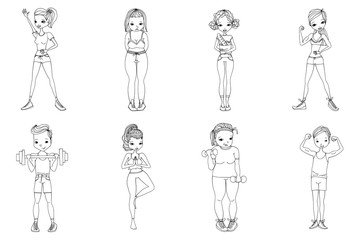 Sketch Healthy Lifestyle Vector People Set Illustration with Fitness Girls and Fitness Guys Wearing Sportswear, Exercising with Dumbbells. Isolated Black and While Sport Illustration Collection