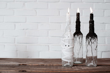 The idea of candlesticks for Halloween. Handmade. Home decoration.