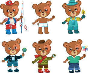 Cute paper doll bear boy with his different clothes. (Vector illustration)