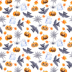 Halloween seamless pattern - pumpkin, bat, ghost, spider. Cute watercolor