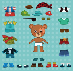 Naklejka premium Vector bear boy with his costumes.For dress up, paper doll games.