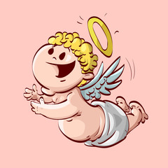 Colorful vector illustration of a baby angel flying with hands forward and wearing diaper.