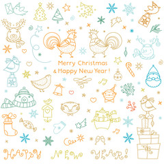 Christmas doodle icons collection. Winter symbols set. Happy New Year greeting hand lettering sign.