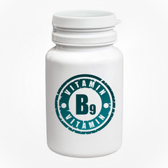 Bottle of pills with vitamin B9