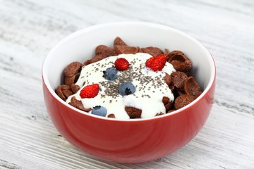 Breakfast chocolate cereal cornflakes & yogurt & chia seeds