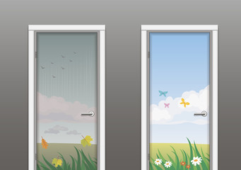 Fototapeta premium Two doors depicting the texture of autumn and spring or summer. Vector graphics