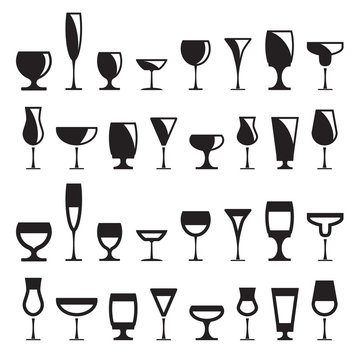 Collection of various drink glasses, icons set, black isolated on white background, vector illustration.