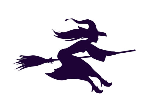 Silhouette witch flying on broom. Halloween symbol. Vector