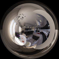 3D illustration panorama of living room interior design.