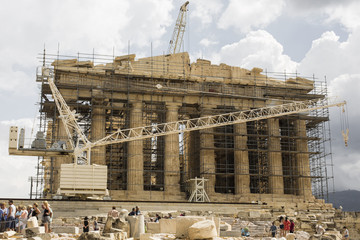 Reconstruction work on the Parthenon, the temple in the Acropolis of Athens in Athens, Greece
