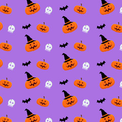 Halloween pattern. Pumpkins skull holiday background. Vector illustration.